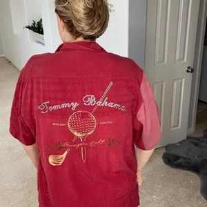 Tommy Bahama silk button down with embroidered design on back. Golf inspired